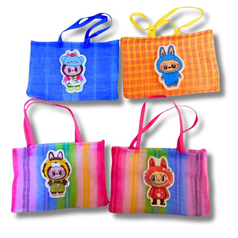 Set de 6 bolsas para mandado, rectangulares con calcomanía colorida, reutilizables y resistentes