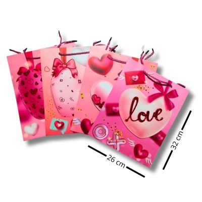 Set de 12 Bolsas de Regalo Corazón Rosa